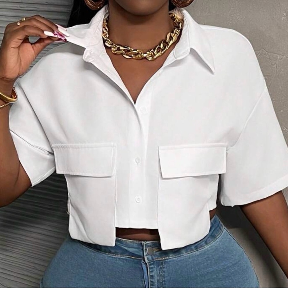 Women's White Cropped Button-Up Shirt